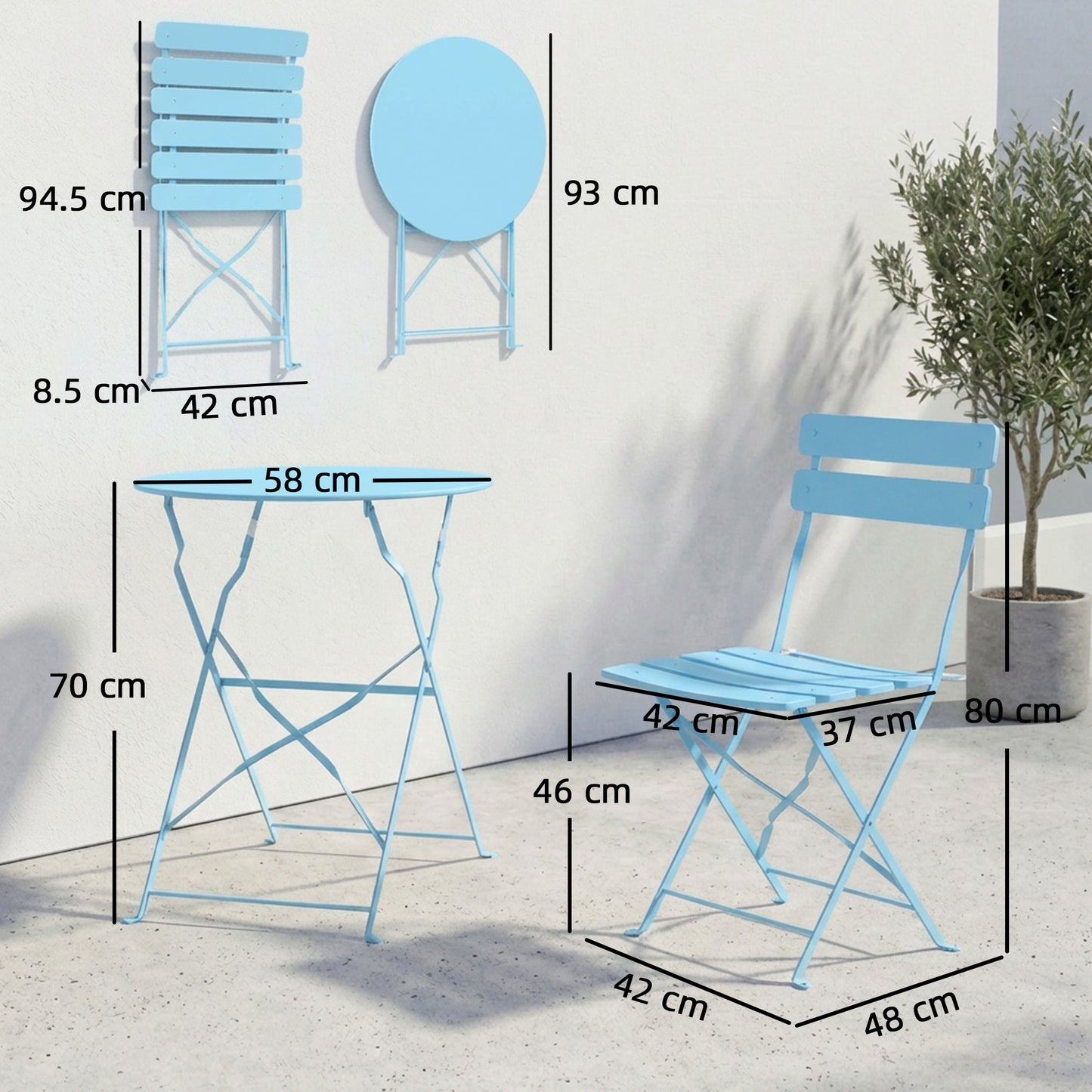 3-Piece Folding Garden Bistro Set | 2 Chairs & Round Table | Electrophoresis Metal | No Assembly | Folds to 8.5cm | 120kg | Light Blue