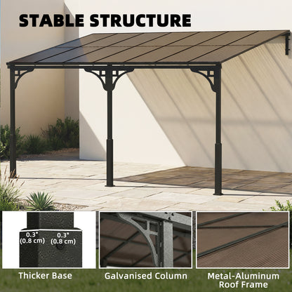 4x3m Hardtop Lean-To Pergola | 7mm Polycarbonate Roof | Galvanised Frame | Wall-Mounted | Windproof Level 6 | Brown
