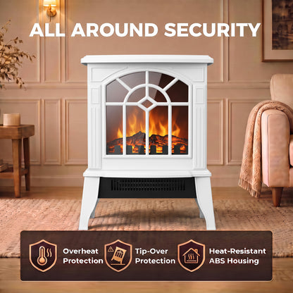 Electric Fireplace Stove | White Freestanding 2000W Heater with 3D LED Flame Effect