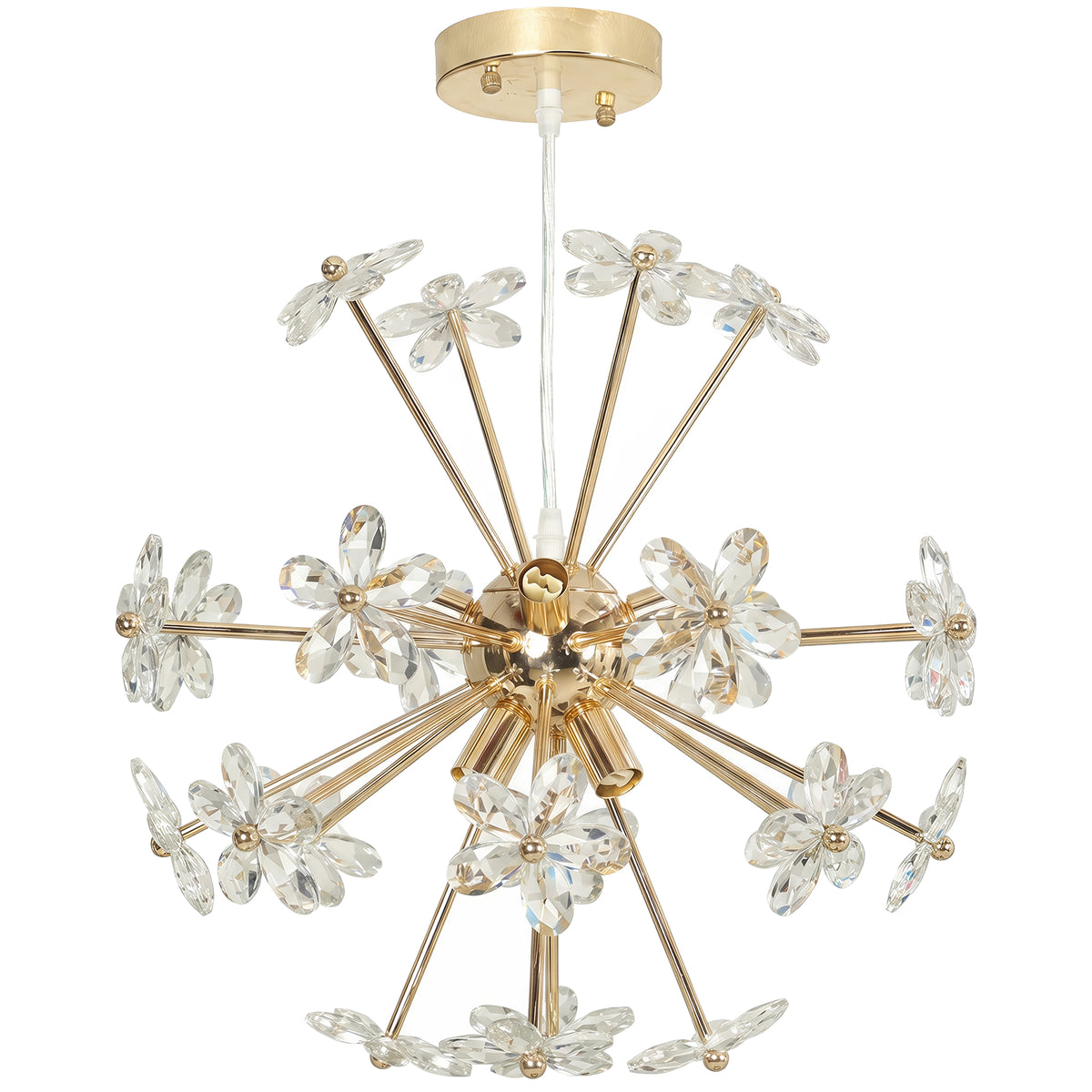 Crystal Flower Chandelier | Gold Tone Ceiling Light with 8 G9 Bulb Holders & Adjustable Suspension | Clear
