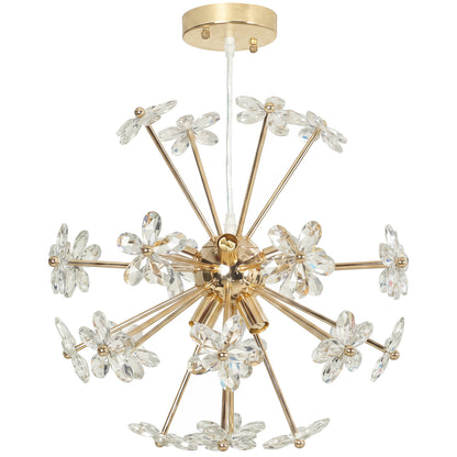 Crystal Flower Chandelier | Gold Tone Ceiling Light with 8 G9 Bulb Holders & Adjustable Suspension | Clear