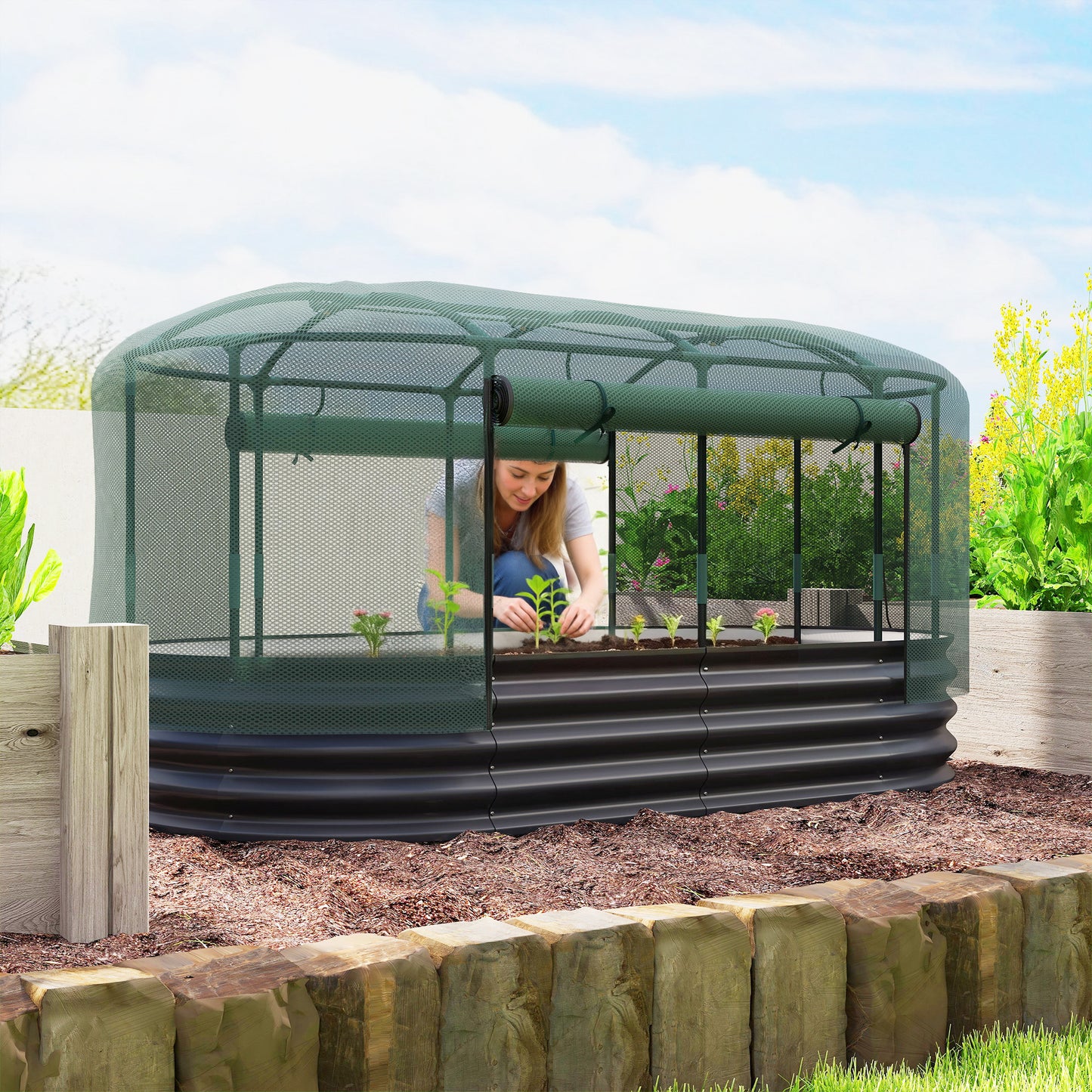 Galvanised Raised Garden Bed Kit with Self Watering System and Mesh Cover, Garden Boxes, 6x3Ft, Dark Grey and Green