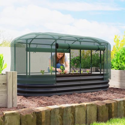 Galvanised Raised Garden Bed Kit with Self Watering System and Mesh Cover, Garden Boxes, 6x3Ft, Dark Grey and Green