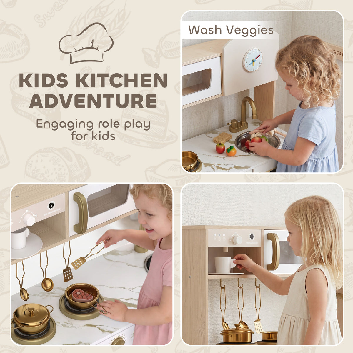 Kids Play Kitchen Playset | Rotating Coffee Maker | Stove with Ignition Sounds | Rotating Tap | Clock with Movable Hands | Shelves Cabinet & Drawer | 6-Piece Steel Set | E1 MDF | 74x29x81cm | Ages 3-6 | White