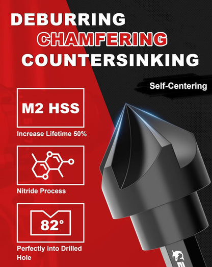 EZARC 5 Piece Countersink Drill Bit Set for Metal, 1/4 Inch Hex Shank Countersunk Bits 82 Degree 5 Flute, 1/4” 3/8” 1/2” 5/8” 3/4”