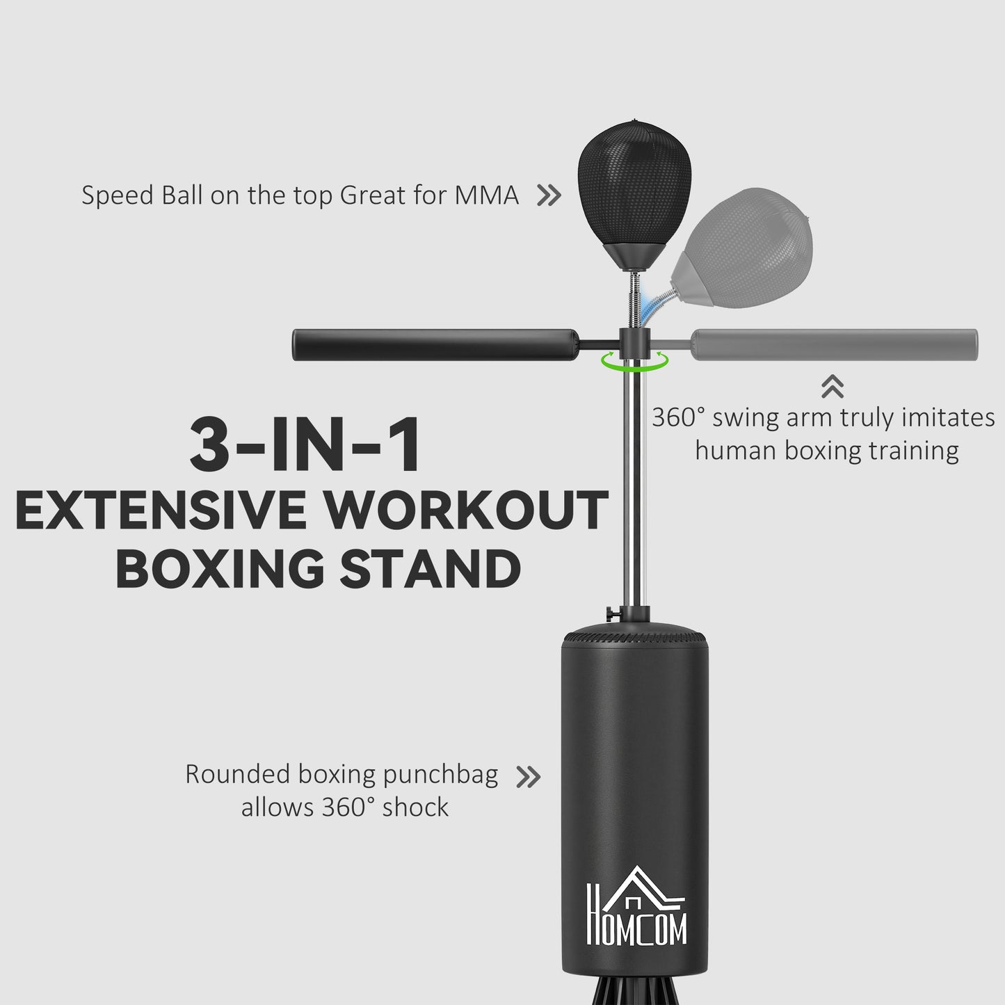 155-205cm 3-IN-1 Freestanding Boxing Punching Bag Stand, Boxing Speed Trainer with Rotating Flexible Arm, Speed Ball, Fillable Base, Black