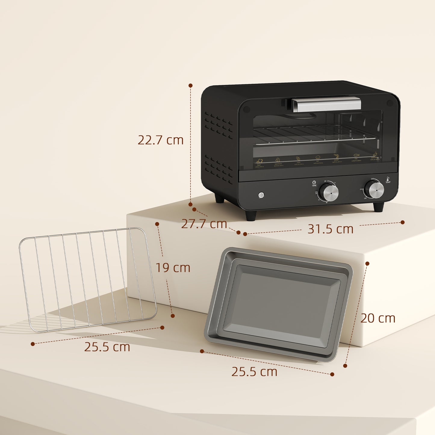 Small Toaster Oven, 12L Multifunction Mini Countertop Oven with Glass Door, Adjustable Temperature and Timer, Black