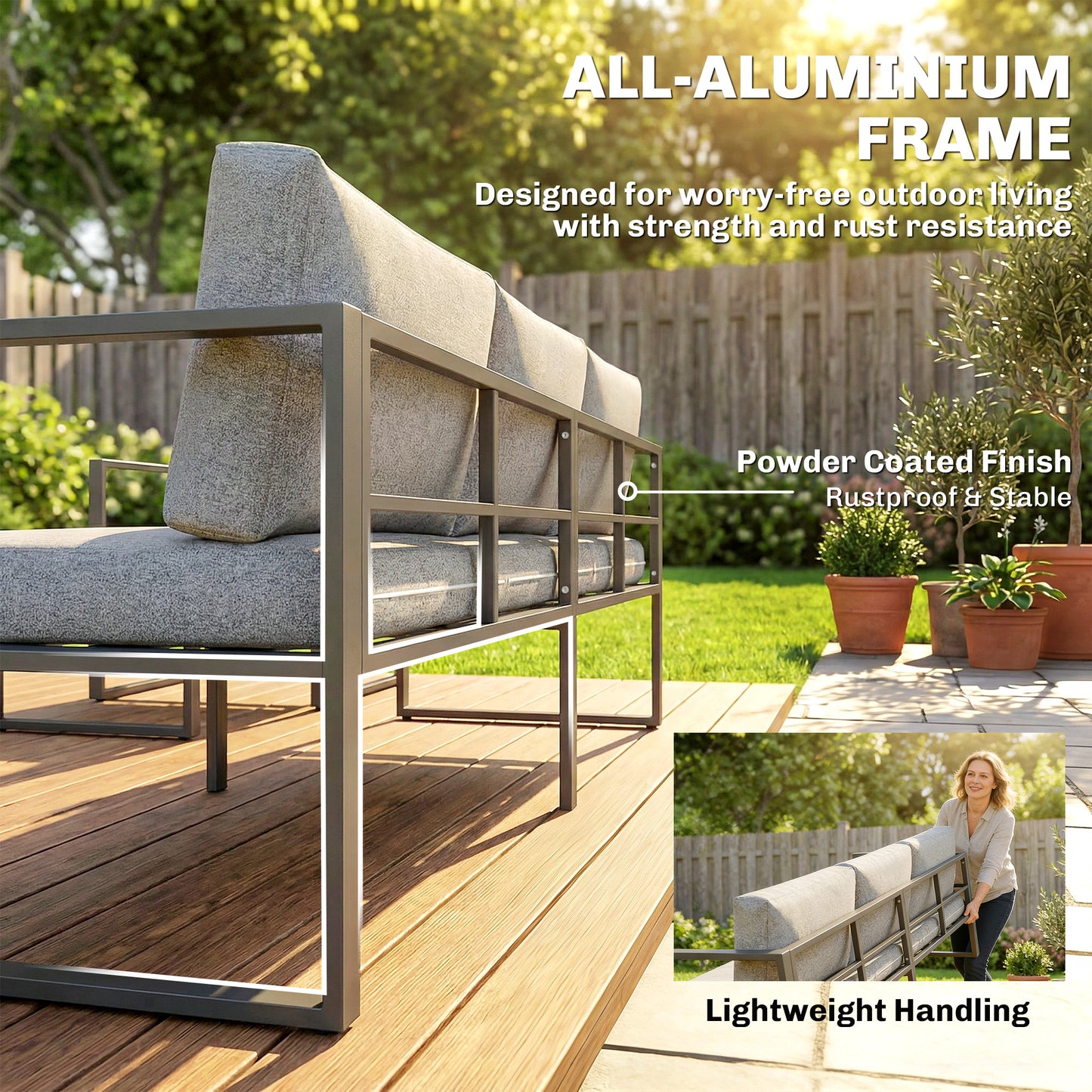 4-Piece Garden Sofa Set | 3-Seater Sofa | 2 Armchairs | Tempered Glass Coffee Table | Powder-Coated Aluminium Frame | 8cm Seat & 12cm Back Cushions | Anti-Slip Straps | Washable Zip Covers | 360kg Sofa Capacity | Dark Grey