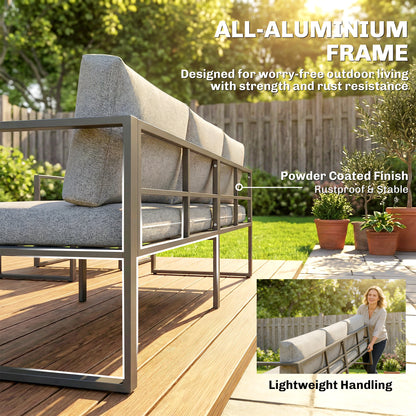 4-Piece Garden Sofa Set | 3-Seater Sofa | 2 Armchairs | Tempered Glass Coffee Table | Powder-Coated Aluminium Frame | 8cm Seat & 12cm Back Cushions | Anti-Slip Straps | Washable Zip Covers | 360kg Sofa Capacity | Dark Grey