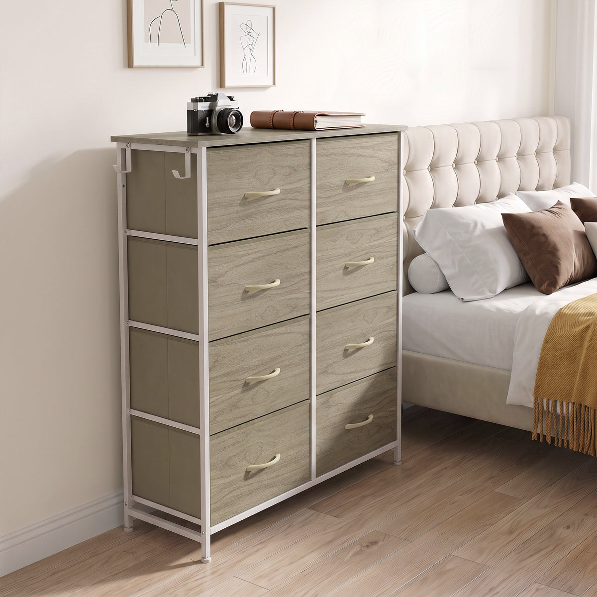 Chest of 8 Fabric Drawers | Natural Wood Rustic Brown Grey | Non-Woven Fabric Steel | 80x30x94.5cm | 30kg | Side Pocket 2 Hooks | X-Bar Frame | Anti-Tip Kit | Foldable Drawers | Bedroom