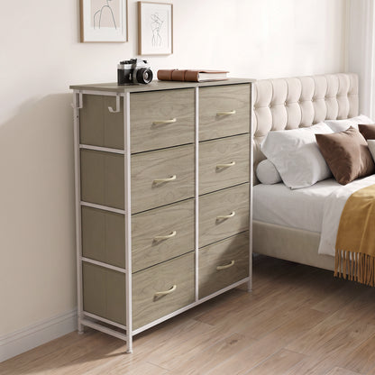 Chest of 8 Fabric Drawers | Natural Wood Rustic Brown Grey | Non-Woven Fabric Steel | 80x30x94.5cm | 30kg | Side Pocket 2 Hooks | X-Bar Frame | Anti-Tip Kit | Foldable Drawers | Bedroom