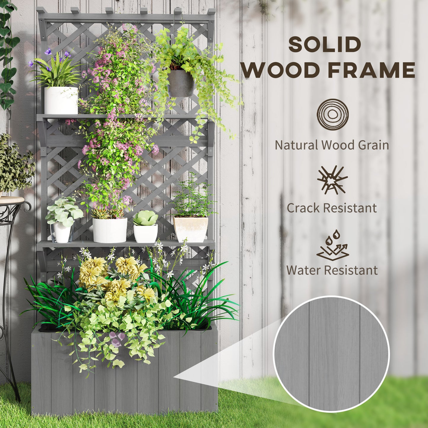 Fir Wood Planter with Tall Trellis Roof & Upper Shelf | 52L | 70x31cm Planting Area | Fabric Liner & Drainage Holes | 50kg | 76x33x177cm | Climbing Plants | Grey