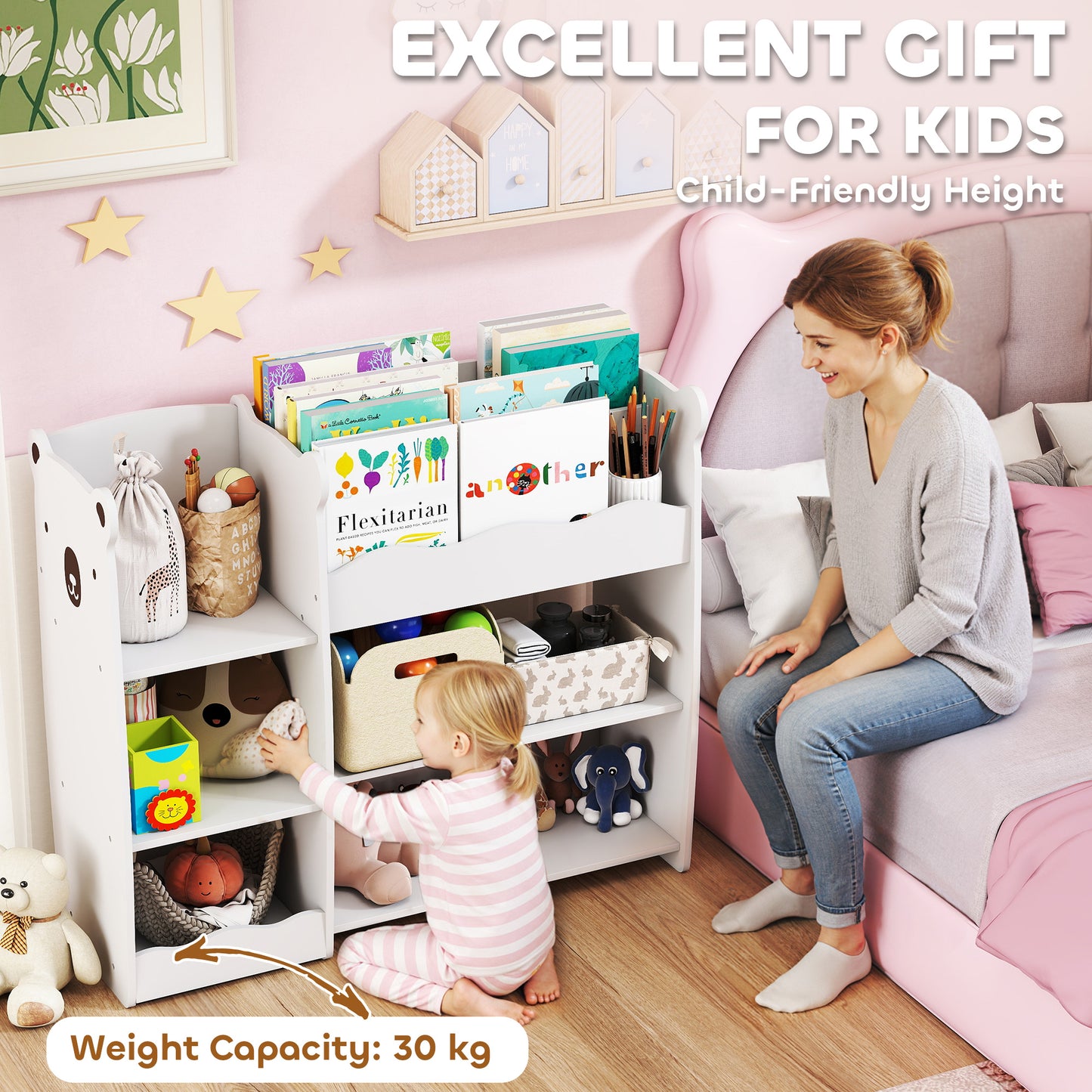 Kids Toy Storage Unit & Bookshelf – Bear Design, Sectioned Shelves, 79cm Child-Height, MDF, For Bedroom, Nursery & Playroom – White