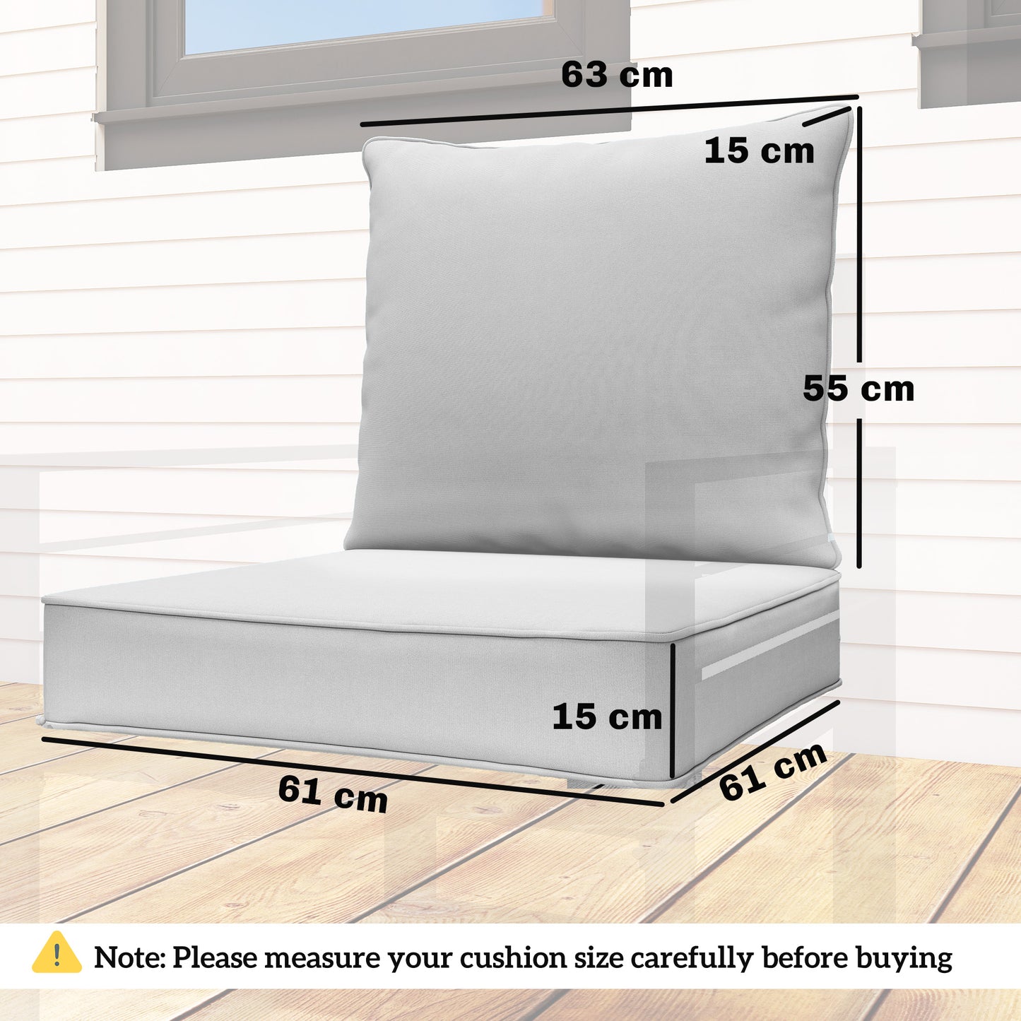 Deep Seat Chair Cushion Set | 15cm Thick Seat & Back Cushion | Removable Washable Covers | Fade & Stain Resistant | Indoor & Outdoor | Seat 61 x 61cm | Back 63 x 55cm | Light Grey