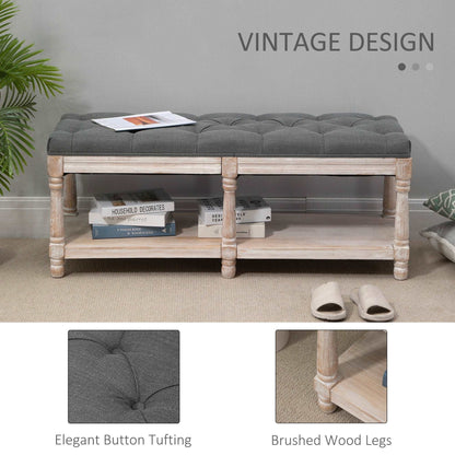 2 Tier Shoe Rack Bench with Button Tufted Upholstered Cushion, Vintage Bed End Bench, Wooden Window Seat for Hallway, Living Room, Bedroom-Grey