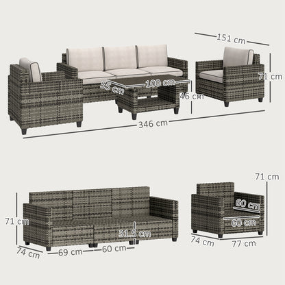 Outsunny 6 Pieces Rattan Garden Furniture Set, 5 Seater Wicker Outdoor Furniture Set with 2 Armchairs, Steel Frame Coffee Table and Cushions for Balcony, Porch, Light Grey