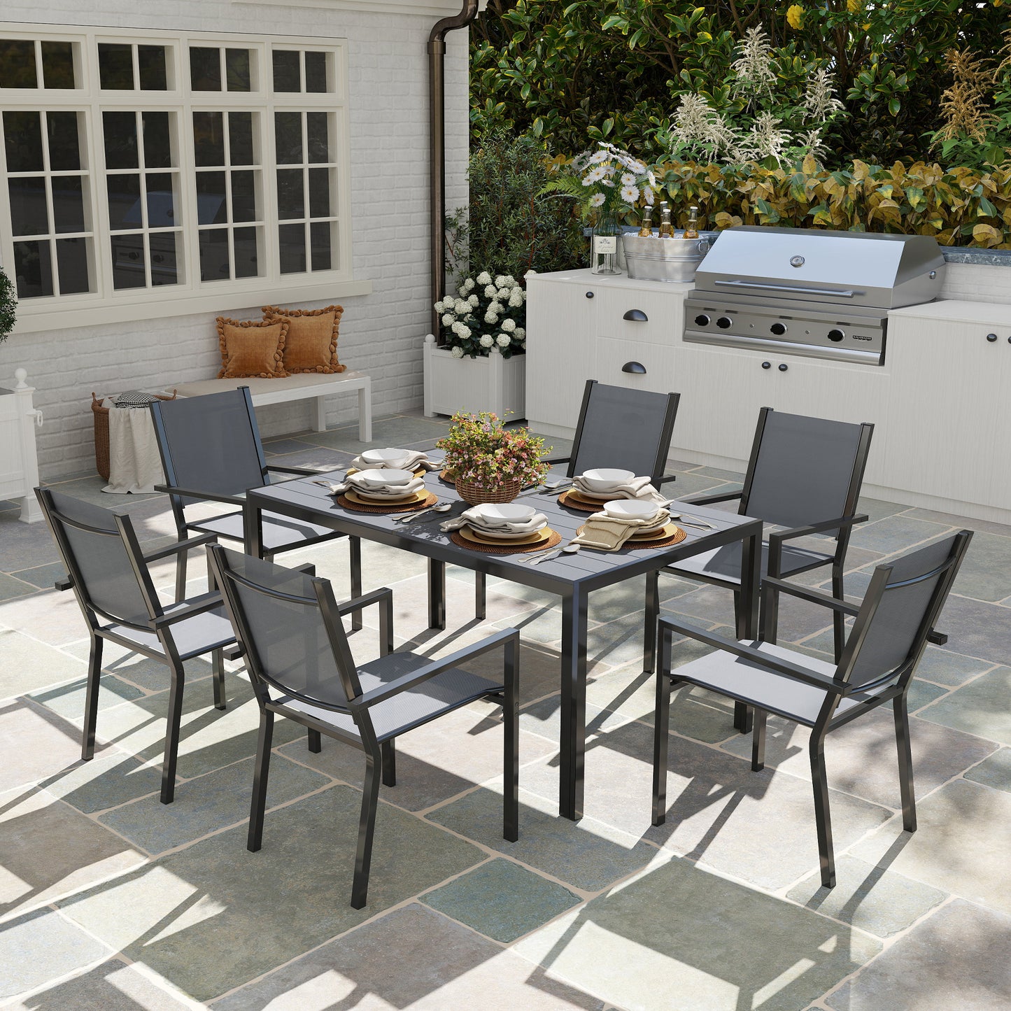 7 Piece Garden Dining Set, Outdoor Furniture Set with 6 Stackable Chairs and 150 cm Rectangle Table, WPC Slatted Top, Rust-Resistant Steel Frame