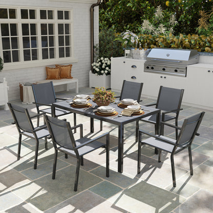 7 Piece Garden Dining Set, Outdoor Furniture Set with 6 Stackable Chairs and 150 cm Rectangle Table, WPC Slatted Top, Rust-Resistant Steel Frame