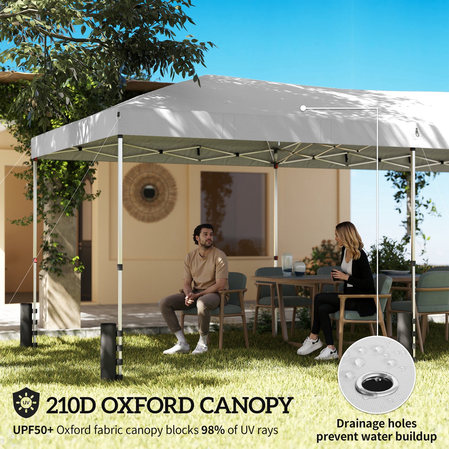 3x6m Pop-Up Canopy Gazebo | 17.5m² Coverage | 210D Silver-Coated UPF50+ Oxford Fabric | 6 Detachable Sidewalls | 3-Level Height Adjustment | 12 Drainage Holes | 18 Stakes & 6 Guy Ropes | Wheeled Carry Bag | White
