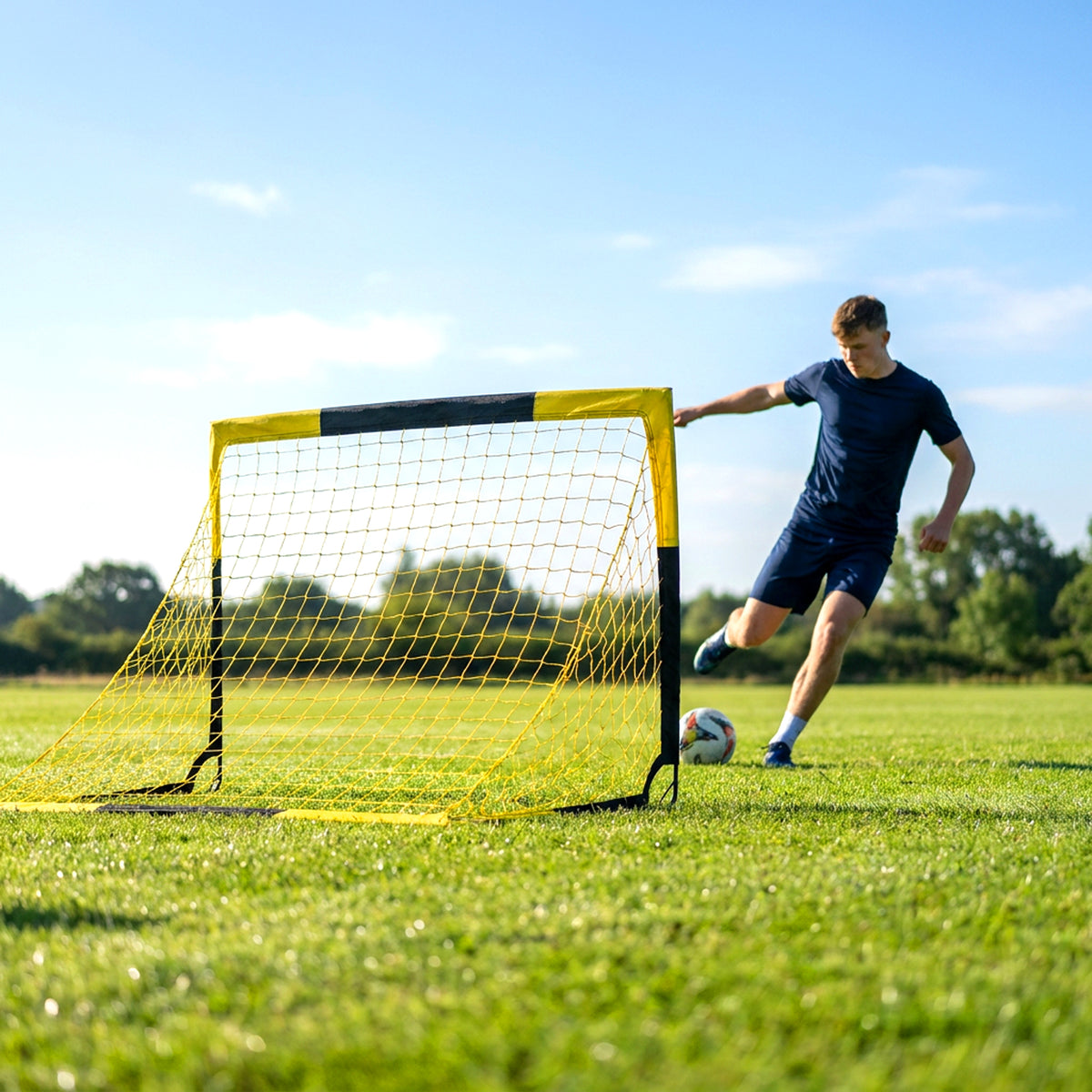 SPORTNOW Pop-Up Football Goal | Yellow & Black | 150x110x110cm | Mesh 140x136cm | Fibreglass & Metal | 4 U-Stakes | Carry Bag 142x116cm | No Assembly | Folds Flat | Age 5+ | Garden Park