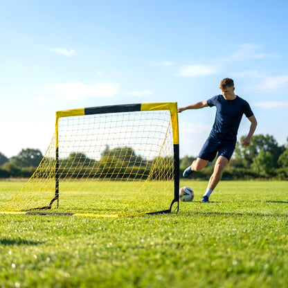 SPORTNOW Pop-Up Football Goal | Yellow & Black | 150x110x110cm | Mesh 140x136cm | Fibreglass & Metal | 4 U-Stakes | Carry Bag 142x116cm | No Assembly | Folds Flat | Age 5+ | Garden Park
