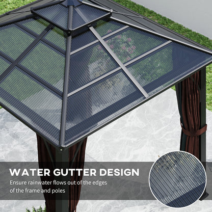 3 x 3(m) Hardtop Gazebo Canopy with 7mm Double Polycarbonate Roof, Garden Permanent Pavilion with Mosquito Netting, Brown