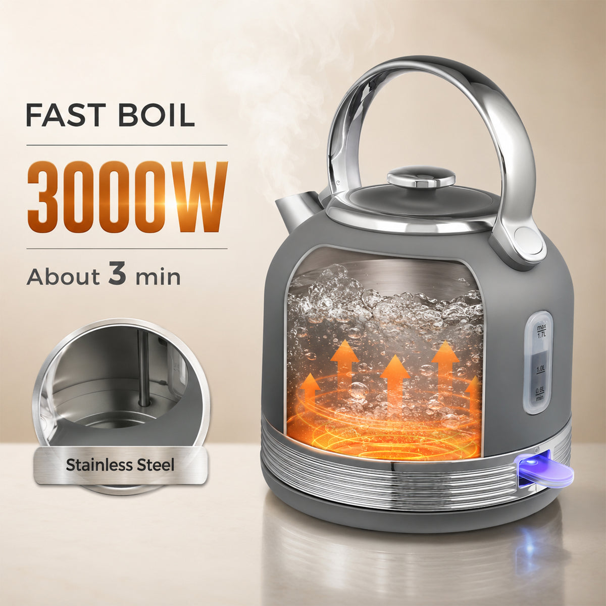 Kettle & Toaster Set | Grey Stainless Steel 1.7L 3000W Fast-Boil Kettle with 4-Slice Toaster