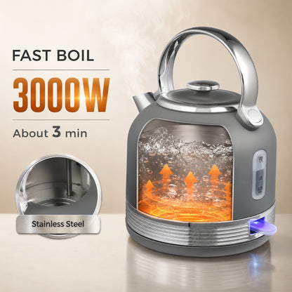 Kettle & Toaster Set | Grey Stainless Steel 1.7L 3000W Fast-Boil Kettle with 4-Slice Toaster