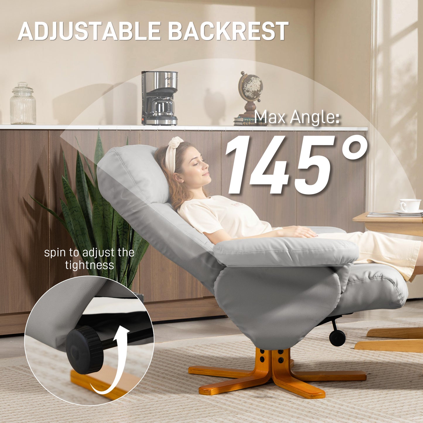 PU Leather Swivel Recliner Chair with Footstool, Wooden Base and Storage for Living Room, Light Grey