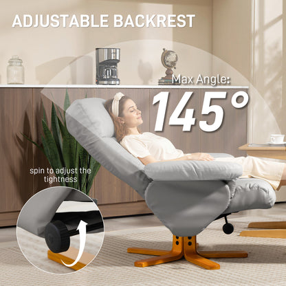 PU Leather Swivel Recliner Chair with Footstool, Wooden Base and Storage for Living Room, Light Grey