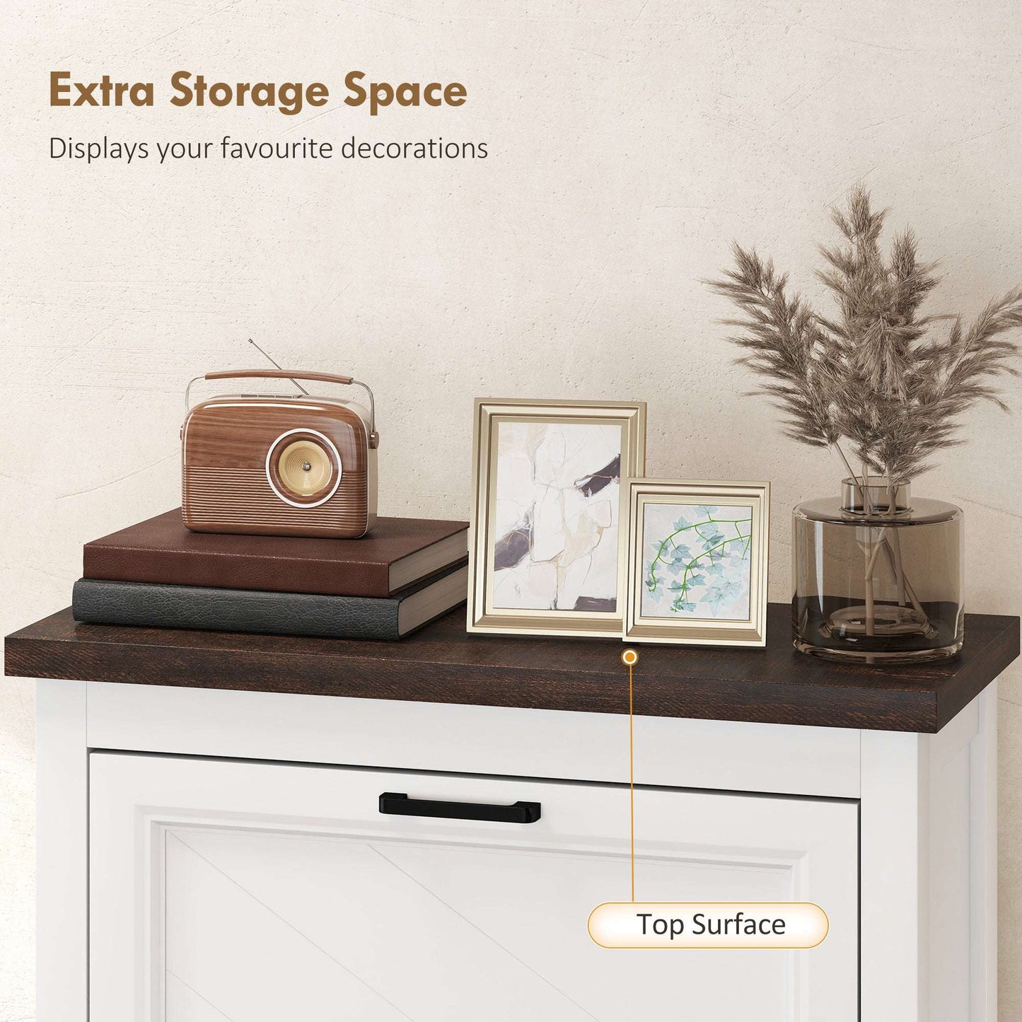Farmhouse Narrow Shoe Cabinet | 3 Flip Drawers | Adjustable Shelves | 12-18 Pairs | Slim 26.5cm Depth | Max UK 9.5 | Anti-Tipping | MDF | 60x26.5x133.7cm | White