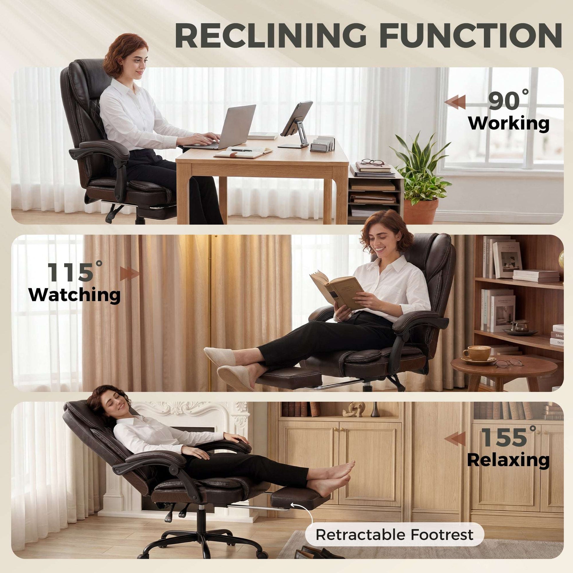 High-Back Executive Reclining Office Chair | 90-135° Recline | Linkage Armrests | Retractable Footrest | Pocket Spring & Foam Seat | PU Leather | EN1335 & BS5852 | 120kg | Brown