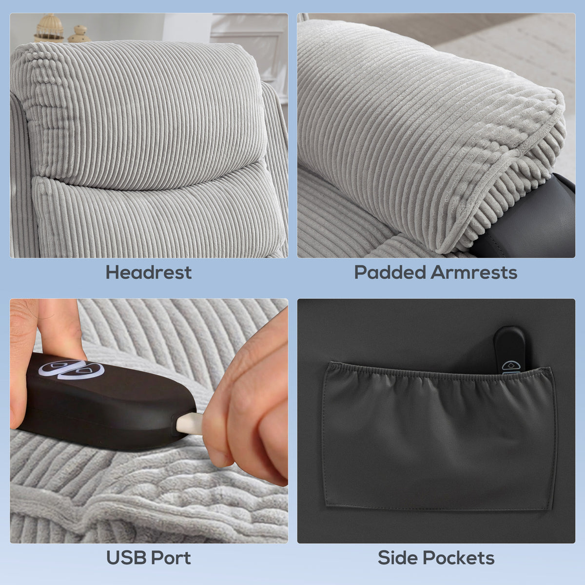 Power Lift Recliner Chair for Elderly | 150° Recline | Pocket Spring & Foam | USB Port | Side Pockets | 120kg | Corduroy | Light Grey