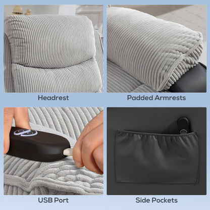 Power Lift Recliner Chair for Elderly | 150° Recline | Pocket Spring & Foam | USB Port | Side Pockets | 120kg | Corduroy | Light Grey