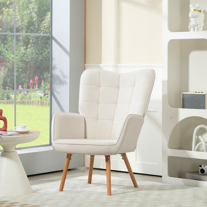 Modern Accent Chair Velvet-Touch Tufted Wingback Armchair Upholstered Leisure Lounge Sofa Club Chair with Wood Legs, Cream White