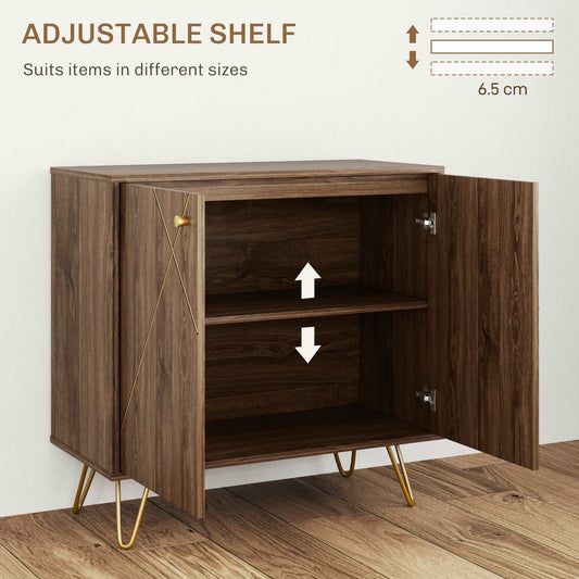 Sideboard Storage Cabinet with Golden Steel Lines, modern rustic Kitchen Buffet Cabinet W/ Adjustable Shelf Steel Legs Brown