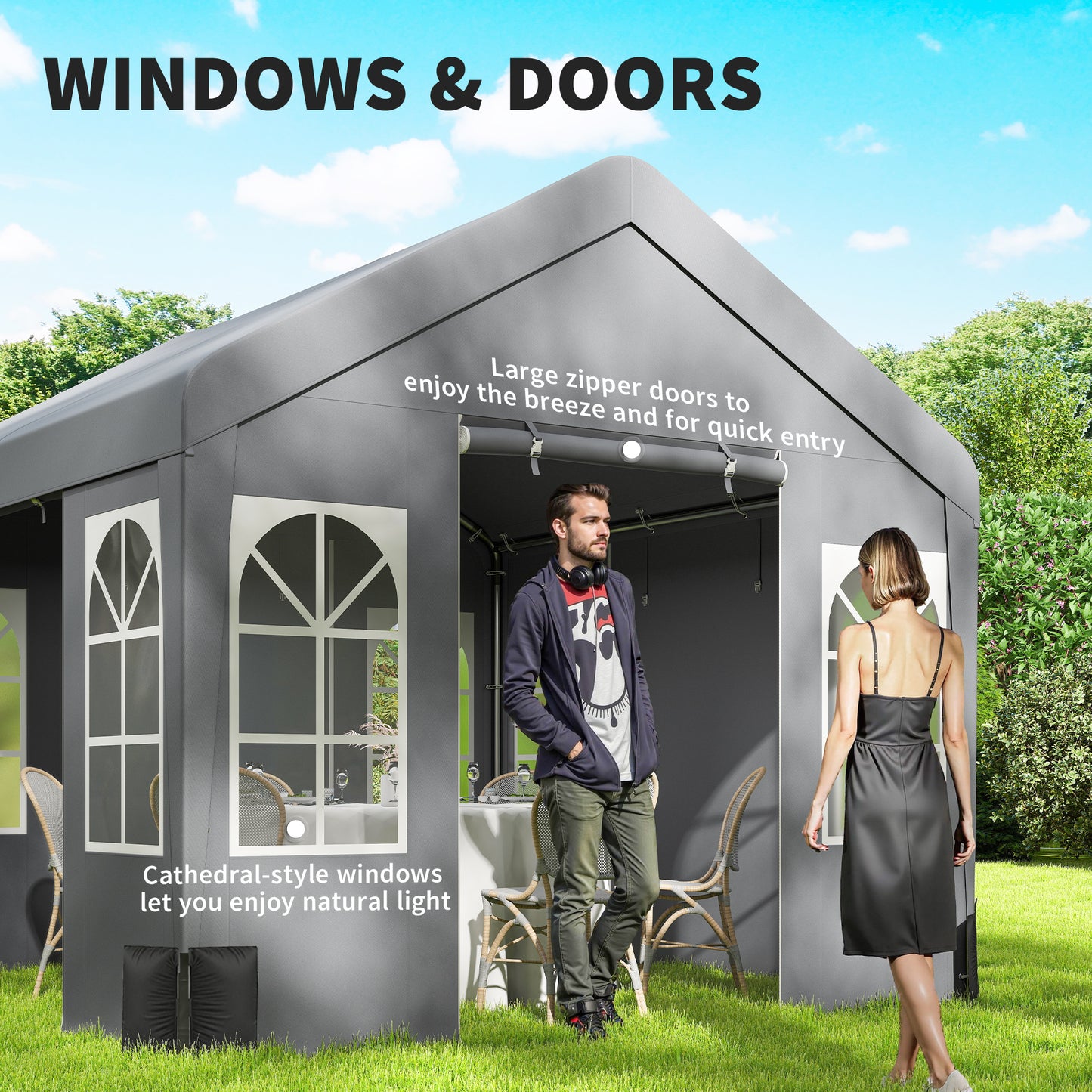 3x3m Party Marquee Tent | 4 Zipped Doors | 8 Church Windows | UV30+ PVC Polyester | Apex Roof | Galvanised Frame | 6-9 People | Grey