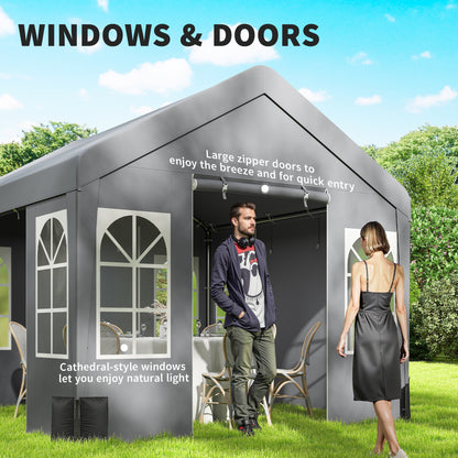 3x3m Party Marquee Tent | 4 Zipped Doors | 8 Church Windows | UV30+ PVC Polyester | Apex Roof | Galvanised Frame | 6-9 People | Grey