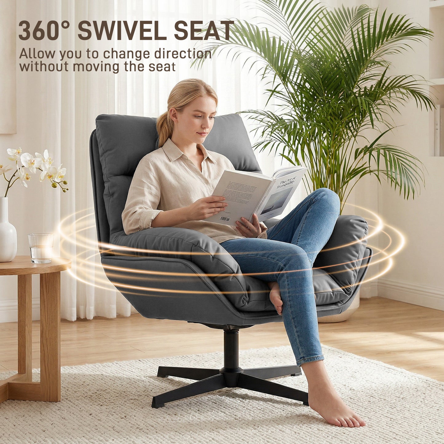 Accent Chair with 360° Swivel Armchair for Living Room with Padded Cushion Dark Grey / Dark Brown