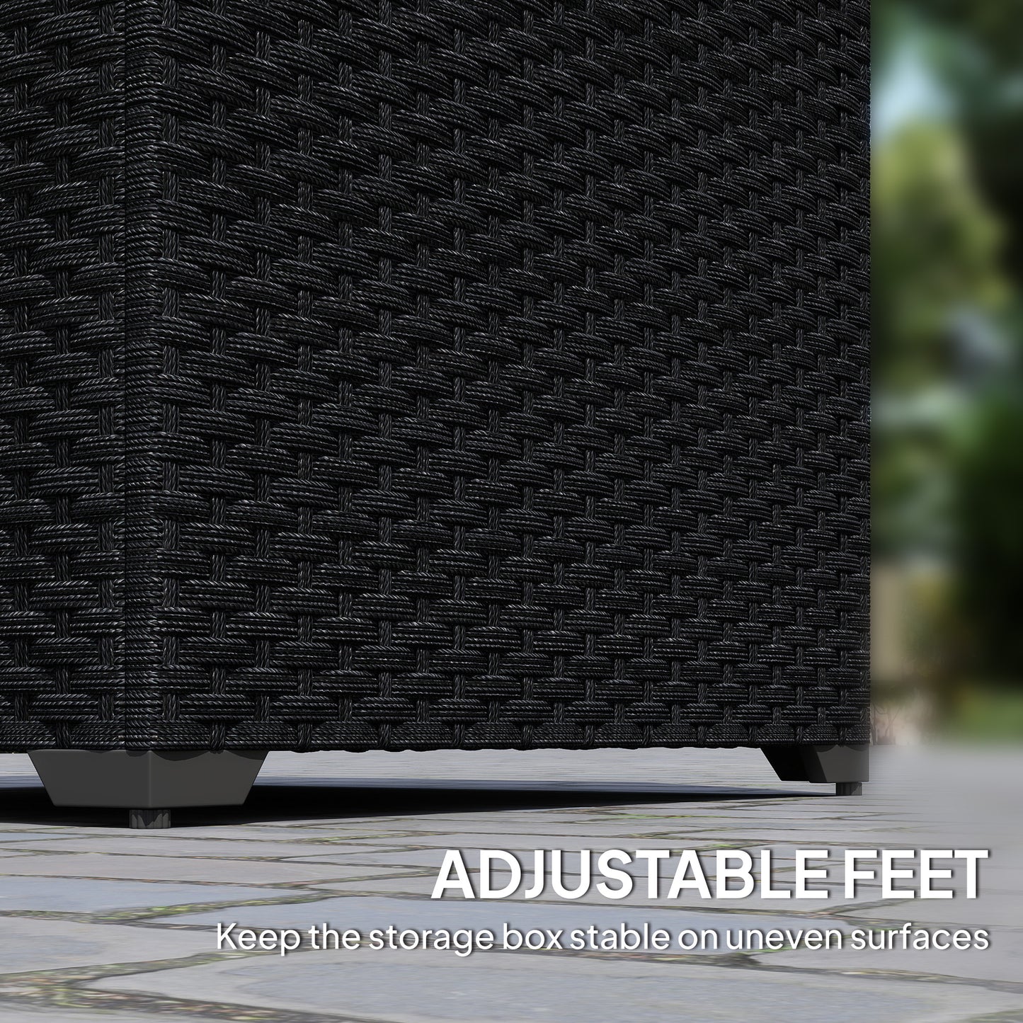253L Rattan Garden Storage Box | Gas-Assisted Lid | Zipped Liner | Adjustable Feet | 50kg | Black