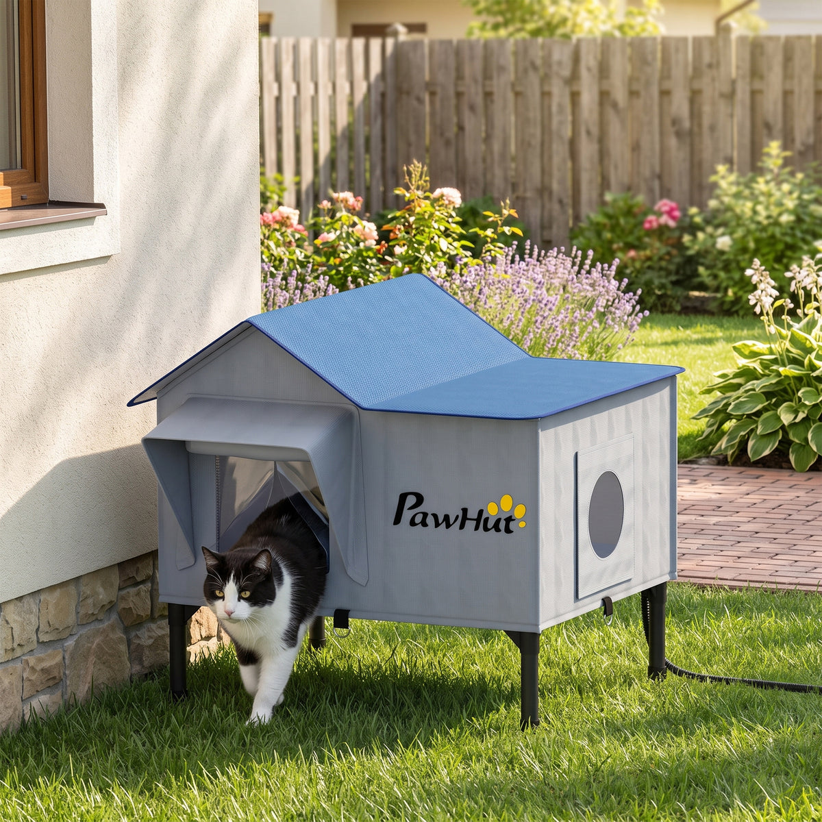 Heated Outdoor Cat House with 34W 230V Heating Pad | 5-Layer Insulation | PU Waterproof Shell | 5cm Elevated Base | Lock-Free Escape Door | 51x41x55cm | Up to 2 Cats | Light Grey