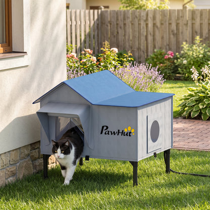 Heated Outdoor Cat House with 34W 230V Heating Pad | 5-Layer Insulation | PU Waterproof Shell | 5cm Elevated Base | Lock-Free Escape Door | 51x41x55cm | Up to 2 Cats | Light Grey