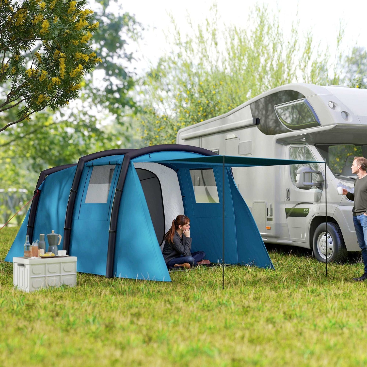 Inflatable 3-4 Man Tunnel Tent w/ Air Pump, Living Area & Vestibule, Waterproof Family Camping Air Tent, Hiking, Blue