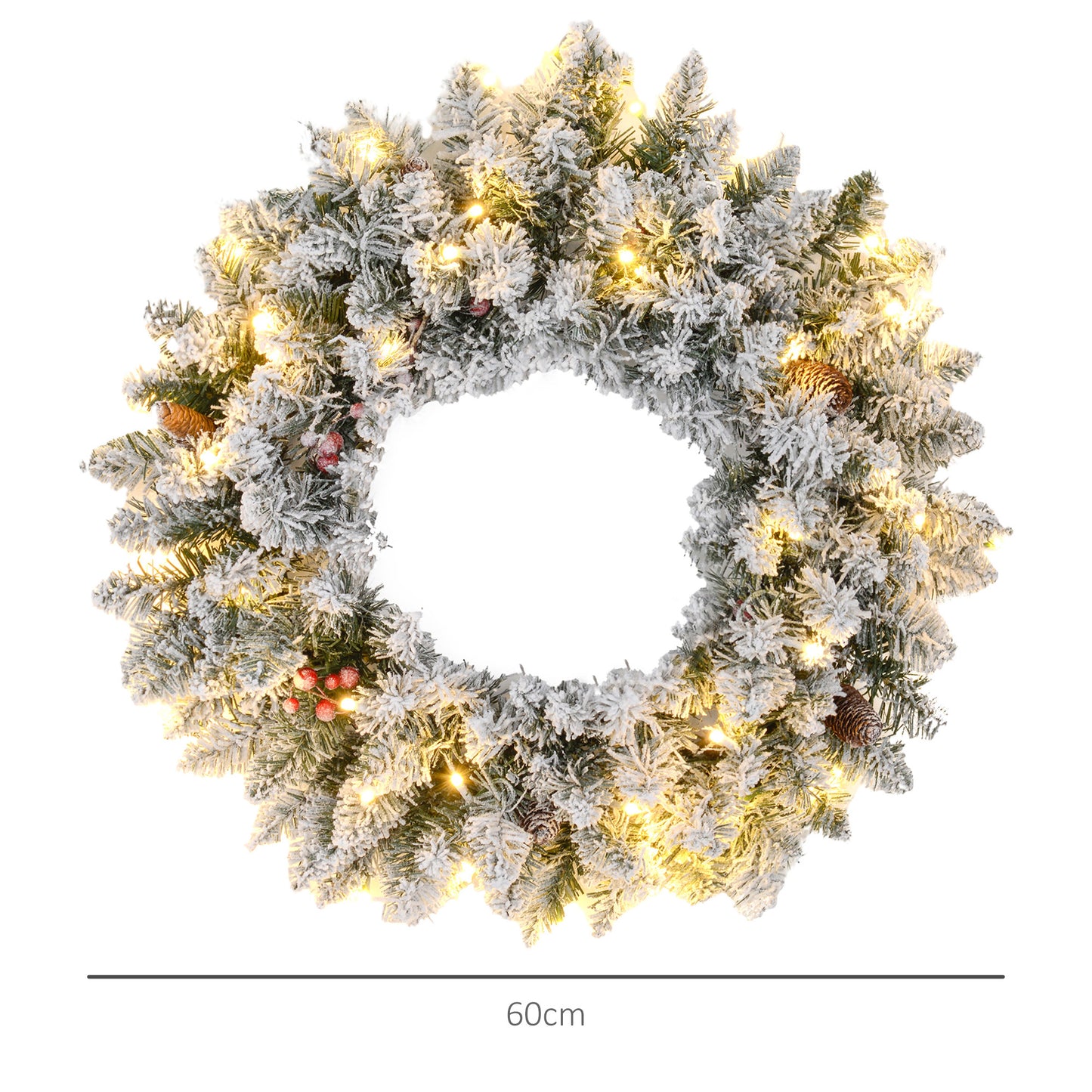 60cm Pre-Lit Christmas Wreath for Front Door with LED Lights, Pine Cones and Red Berries, Flocked Winter Wreath for Windows, Wall Decoration, Green