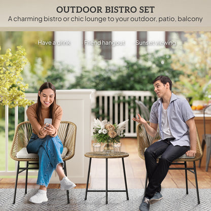 3 Pieces Rattan Bistro Set, Wicker Small Garden Table and Chairs Set with Cushions and Glass Top Coffee Table, Bistro Garden Furniture Set, Natural