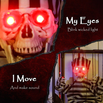 Halloween Animated Hinging Skeleton Prisoner in Cage with Glowing LED Eyes, Spooky Skeleton Scary Halloween Decorations, Battery Operated, Indoor Party Props