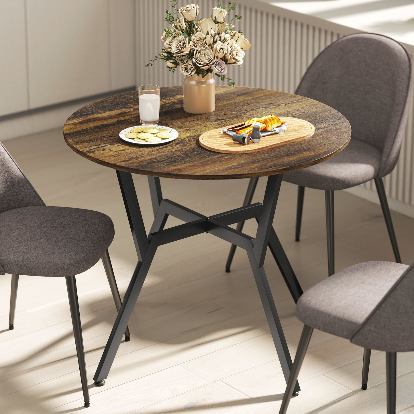 Dining Table, Round Kitchen Table with Black Legs, Anti-slip Foot Pads for Living Room, Dining Room 90 x 76 cm