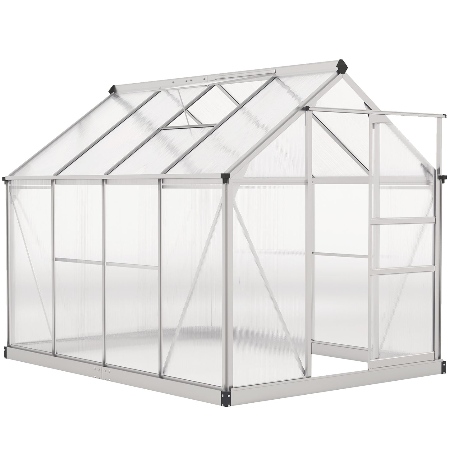Walk-In Polycarbonate Greenhouse | 6x8ft | Aluminium Frame | Sliding Door | Roof Vent | 40kg/m² Snow Load | Silver