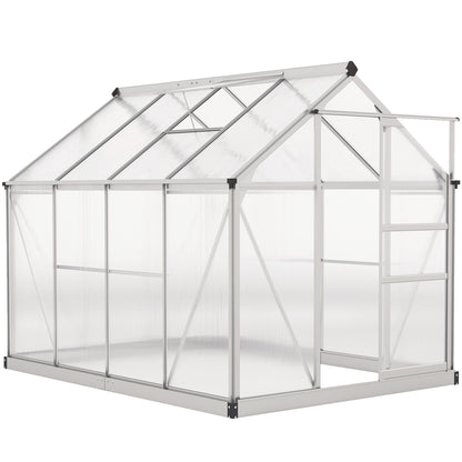 Walk-In Polycarbonate Greenhouse | 6x8ft | Aluminium Frame | Sliding Door | Roof Vent | 40kg/m² Snow Load | Silver