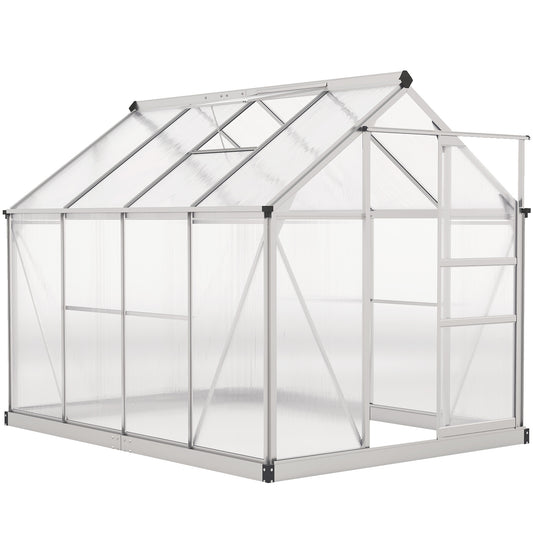 Walk-In Polycarbonate Greenhouse | 6x8ft | Aluminium Frame | Sliding Door | Roof Vent | 40kg/m² Snow Load | Silver